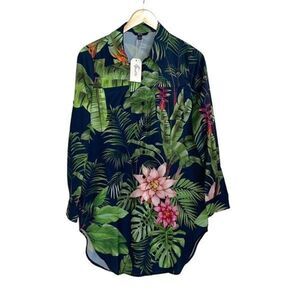 Shall We Women’s Floral Tropical Button Down Long Sleeve Blouse Dress Green Smal